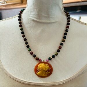 Handcrafted genuine blood stone elbaite vintage celluloid cameo necklace